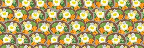 hand gezeichnete bibimbap-illustration des koreanischen essens. Bibimbap-Rezept für horizontale Baner. traditionelles koreanisches gericht bibimbap mit spiegelei, tintenfisch, garnelen, gurke, sojasprossen und algen. asiatischer lebensmittelhintergrund vektor