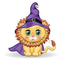 niedlicher Cartoon Löwe mit schönen Augen, Orange im Hut und im Mantel einer lila Hexe. halloween 2022. vektor