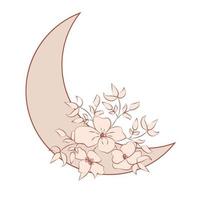 skön romantisk halvmåne måne med reste sig eller pion blommor och löv. vektor