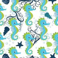 nahtloses muster der niedlichen seepferdchen-karikatur. handgezeichnete Meerestiere. nautischer strand, meeresleben spaß unter wasser vektor