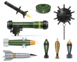 Militärbombenminen und Raketenvektorillustration lokalisiert auf weißem Hintergrund
