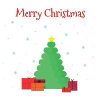weihnachtsbaum mit einem stern, geschenke, schneeflocken, flacher vektor, lokalisiert auf weiß, neujahrskarte, frohe weihnachten vektor