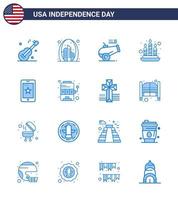 Happy Independence Day Pack mit 16 Blues-Zeichen und Symbolen für Telefonlicht USA-Feuermörser editierbare USA-Tag-Vektordesign-Elemente vektor