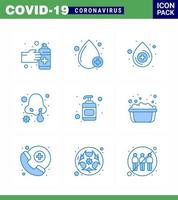 9 blaue Virus-Corona-Icon-Packs wie Desinfektionslotion Blut-Nasen-Infektionskrankheit Virus-Coronavirus 2019nov-Krankheitsvektor-Designelemente vektor