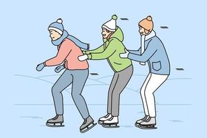 Mädchen, Jungs in warmen Klamotten skaten und halten sich gegenseitig. junge skater haben spaß auf der eisbahn. Winterspiele. sport, gesunder lebensstil. mehrfarbige Illustration der Vektorlinie Kunst lokalisiert auf Blau. vektor