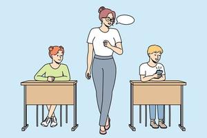 lärare gör anmärkning till skol ser på cell telefon i klassrum. lärare ger kommentar till elev spelar i smartphone på lektion på skola. vektor översikt färgrik illustration isolerat på blå.