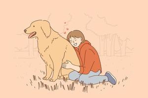 Konzept für Freundschaft, Kinder und Haustiere. Junges lächelndes Mädchen, das Haustier Labrador während des Sommerspaziergangs draußen auf Gras im Park sitzt und umarmt und Liebesvektorillustration fühlt vektor