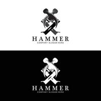 Hammer, Bauwerkzeuge und Richter-Logo-Vektorsymbol, Vintage-Retro-Design-Illustration vektor