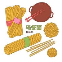 ungekochtes asiatisches Udon-Nudelset. traditionelle orientalische Nudelvektor-lineare Illustration. koreanische oder japanische lebensmittelzutaten gesetzt. Hieroglyphenübersetzung ist udon vektor