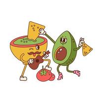 ein paar guacamole- und avocado-figuren, die nachos essen. Nacho-Dip in Bowl-Maskottchen, das Gitarre spielt. Retro-Cartoon-Konzept für mexikanisches Essen. lateinamerikanische serenade. 40er Jahre Cartoon-Vektor-Illustration vektor