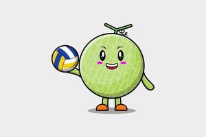 söt tecknad serie melon karaktär spelar volleyboll vektor