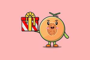 söt tecknad serie melon karaktär innehav gåva låda vektor