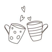 monochrome Vektorkonturzeichnung von ein paar Teetassen mit Herzen. romantische valentinstagillustration. 14. Februar Doodle-Design. vektor
