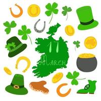 shamrockblätter, münze, irlandkarte, hut, hufeisen, kesselvektorillustrationssatz, ein symbol einer nationalen identität irlands und seiner frühlingsferien, st patrick's day, niedlicher karikaturstil vektor