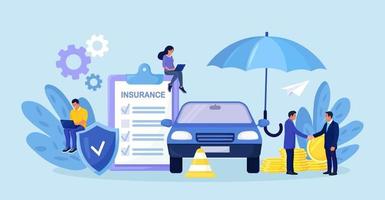 Kfz-Versicherungsformular mit Schild, Regenschirm. versicherungsagent oder verkäufer, der ein sicherheitsdokument bereitstellt. menschen, die autos kaufen, leasingschutz, garantie des fahrzeugs vor unfall, schaden oder kollision