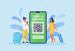 turister med bagage och coronavirus immunitet dokumentera på mobil telefon.vaccination certifikat app. internationell pass för reser under coronavirus pandemisk. övervakning hälsa av passagerare vektor