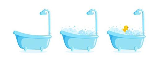 Badewanne mit Schaum und Badeente und Dusche. Clawfoot Wannenset mit Ente, Seifenblasen und Schaum. Vektor-Illustration vektor