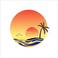 landskap av paradis tropisk ö strand, soluppgång solnedgång. lugn strand scen med handflatan träd vektor illustration