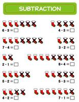 Subtraktion. Mathe-Arbeitsblatt für Kinder. Entwicklung von Rechenfähigkeiten. Beispiele lösen und schreiben. Mathematik. vektorillustration.pädagogik mathe kinderspiel. Abzug für Kinder. vektor