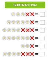 subtraktion. matematik kalkylblad för ungar. utvecklande siffervärde Kompetens. lösa exempel och skriva. matematik. vektor illustration.educational matematik barn spel. subtraktion för barn