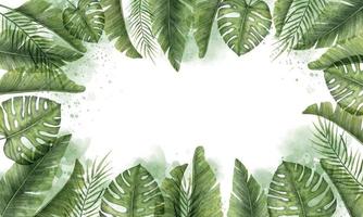 rahmen mit tropischen exotischen grünen palmblättern. hand gezeichneter aquarellhintergrund für grußkartenschablone oder einladungen. rechteckige botanische grenze mit dschungelpflanzen auf isoliertem hintergrund. vektor