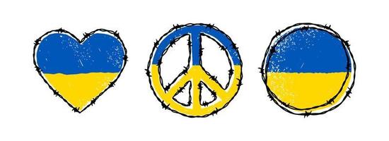 stacheldrahtkreis, friedenszeichen und herzformen in den blauen und gelben farben der ukrainischen flagge. hand gezeichnete vektorillustration im skizzenstil. ukraine-konzept retten vektor