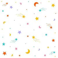 süßer konfetti stern raum himmel meteor sternschnuppe halbmond streuen funkeln leuchten klein gepunktet punkt linie mini herz abstrakt bunt pastell nahtlos muster hintergrund vektor