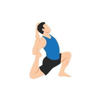 Ein Mann, der eine einfüßige Königstauben-Pose, eine einbeinige Königstauben-Pose oder eine Meerjungfrau-Pose macht, übt Eka Pada Rajakapotasana. flache vektorillustration lokalisiert auf weißem hintergrund vektor