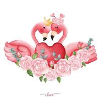 flamingo mit blumenstrauß aus rosenherz handgezeichneter illustration zum valentinstag vektor