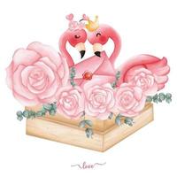 flamingo med bukett av reste sig hjärta hand dragen illustration för valentine vektor