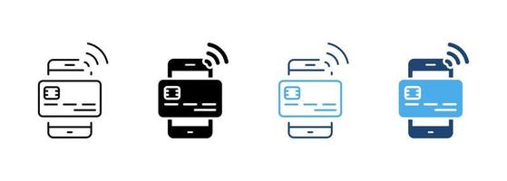 kreditkarte mit drahtloser zahlungsleitung für handys und silhouette-symbolsatz. Piktogramm für elektronische Banktechnologie. Smartphone-App für die Sammlung von Zahlungssymbolen. isolierte Vektorillustration. vektor