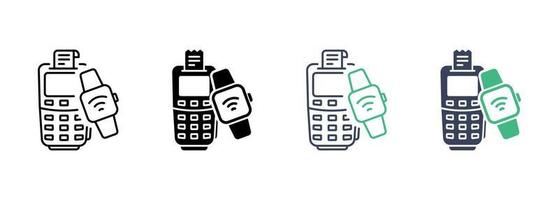 Smartwatch und Bankterminal Wireless Payment Line und Silhouette Icon Set. Zahlen Sie per Smartwatch für das Kaufpiktogramm. pos und elektronische armbandsymbolsammlung. isolierte Vektorillustration. vektor