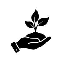 Pflanze in der menschlichen Hand Silhouette Symbol. Wachstum Öko-Baum Umgebung Glyphen-Piktogramm. Ökologie organisches Sämlingszeichen. Blumenblattpflege im Palmensymbol. Landwirtschaftskonzept. isolierte Vektorillustration. vektor