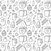 Süßes, nahtloses Muster mit Frühstücksspeisen - Spiegeleier, Speck, Toast, Würstchen, Kaffee, Avocado, Obst. handgezeichnete Vektorgrafik im Doodle-Stil. perfekt für Druck, Geschenkpapier, Tapeten. vektor