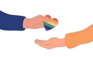 menschliche hände übergeben regenbogenherzen von transgender- und lgbt-menschen während des stolzmonats oder der tagfeier oder -parade. flache vektorillustration vektor