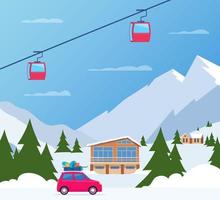 vinter- skidåkning Semester resa till berg. söt små bil med åka skidor och snowboard, ryggsäck och resväska på de tak. vektor illustration.