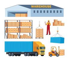 handelsvaror lager och logistik, arbetare och Utrustning, uppsättning av element. lager byggnad, ställ, lådor, lastare, lastbil. leverans och lagring, lager och frakt låda. vektor illustration.