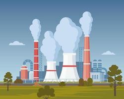 i hög grad förorenande fabrik växt med rökning torn och rör. kol dioxid utsläpp. miljö förorening. platt stil vektor illustration.