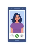 Videoanruf auf dem Smartphone. junge Frau auf Smartphone-Bildschirm mit Verbindungssymbolen. Online-Kommunikation über das Telefon. per Videoanruf sprechen. Online chatten. Vektor-Illustration. vektor