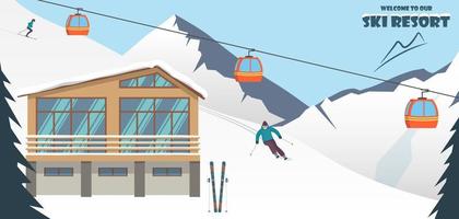 Skigebiet. winterliche berglandschaft mit hütte, skilift, skifahrer, der den hang hinunter rast. Banner für Wintersportferien. Vektor-Illustration. vektor