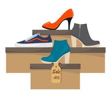 Schuhkartons mit Damenschuhen. stilvolle, moderne turnschuhe, damenschuhe mit absatz auf box, seitenansicht. das Preisschild mit Rabatt von 50 Prozent. Schuhverkauf im Laden. flache vektorillustration. vektor