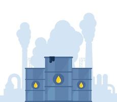 Fässer mit Öltropfensymbol und stark umweltbelastende Fabrikanlage mit Rauchtürmen und Pfeifen im Hintergrund. Fass mit Abfall. Ökologie, Umweltverschmutzung. Vektor-Illustration. vektor