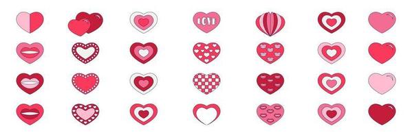 retro valentine dag uppsättning av ikoner. kärlek symboler i de modern pop- linje konst stil. de figur av hjärta, regnbåge, låsa, ballong i mjuk rosa, röd och korall Färg. vektor illustration isolerat.