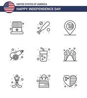 Happy Independence Day Pack mit 9 Zeilen Zeichen und Symbolen für Saft, Alkohol, Standort, Waffe, Kanon, editierbare usa-Tag-Vektordesign-Elemente vektor