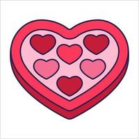 retro valentine dag ikon godis låda av hjärta form. kärlek symbol i de modern pop- linje konst stil. de ljuv choklad hjärtan är mjuk rosa, röd, och korall färger. vektor illustration isolerat.