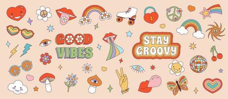 Retro-70er-Hippie-Sticker-Set. psychedelische Cartoon-Elemente - funky Gänseblümchenblume, Pilz, Auge, Regenbogen, Frieden, Liebe, Herz, Kirsche, Discokugel, Walze im Vintage-Hippie-Stil. Vektorsatz. vektor