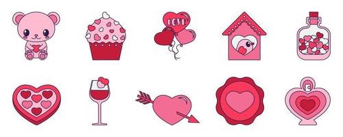 retro valentine dag uppsättning av ikoner. kärlek symboler i de modern pop- linje konst stil. de hjärta, Björn, cupcake, och ballong är i mjuk rosa, röd, och korall Färg. vektor illustration isolerat