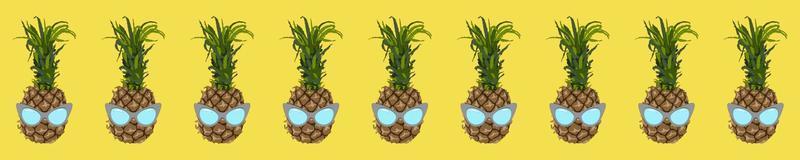 ananas frukt i en solglasögon - på ett belysande gul bakgrund. . slutlig grå färgad glasögon. sommar begrepp - eleganta semester, saftig exotisk och tropisk frukt. stock vektor illustration