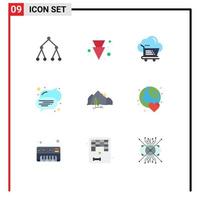 Stock Vector Icon Pack mit 9 Zeilen Zeichen und Symbolen für Berglandschaft Cart Hill Rede editierbare Vektordesign-Elemente
