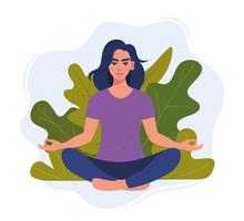 ung kvinna Sammanträde korsa legged på golv och mediterar. meditation, avslappning på Hem, andlig öva, yoga och andas träning. platt vektor illustration.